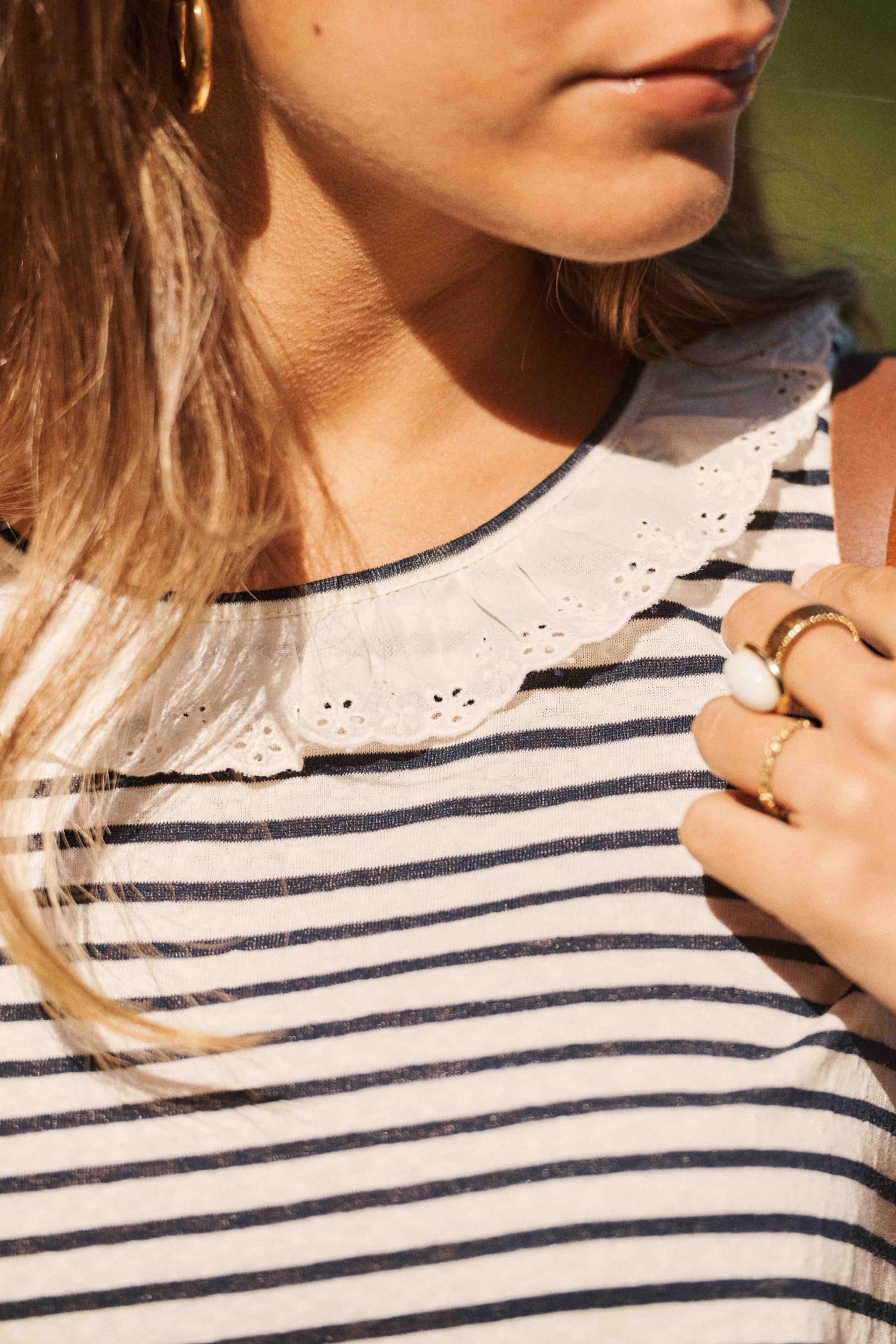 T-shirt femme marinière en coton bleu marinière - col rond à dentelle