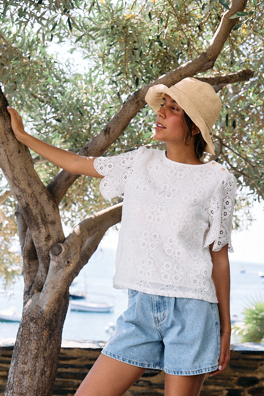 blouse-heilani-blanche-sahoma-00001 Blouse femme en dentelle florale blanche - manches courtes