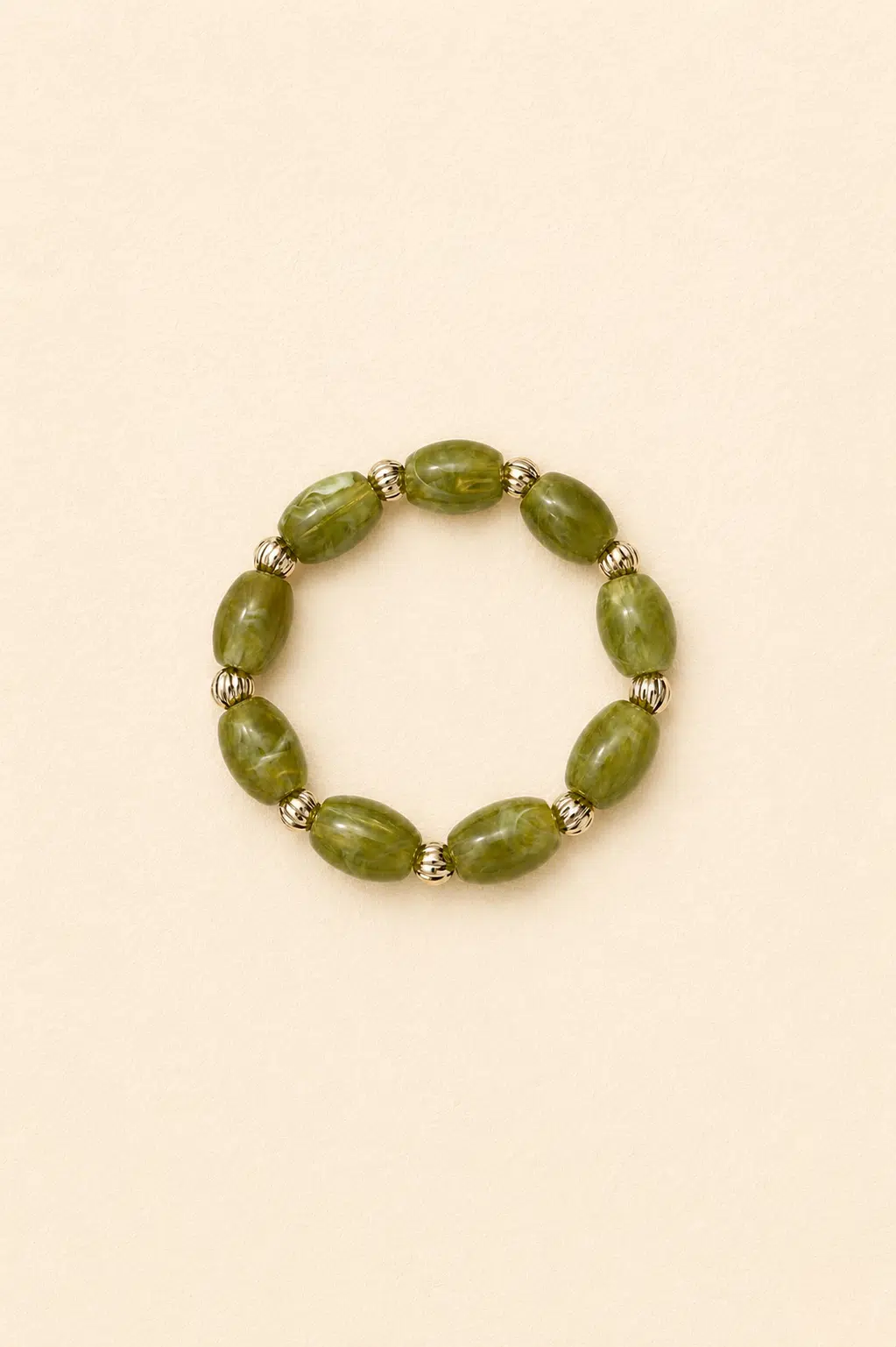 bracelet-lison-vert-packshot-sahoma-00001 Bracelet Lison Sahoma aux grosses perles ovales vertes kaki montées sur élastique
