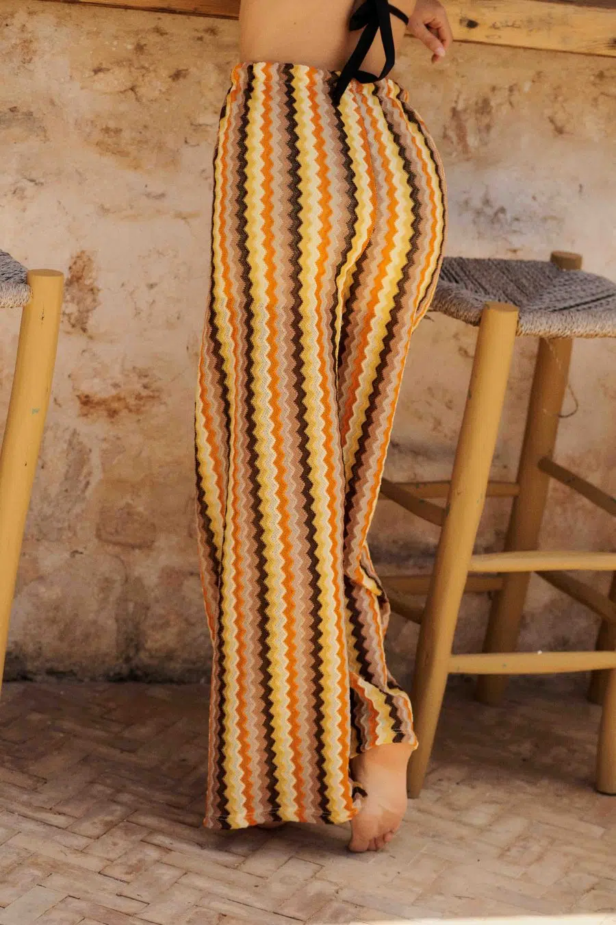 Pantalon femme rayé en crochet - maille ajourée fluide, taille élastique - jaune et orange multicolore