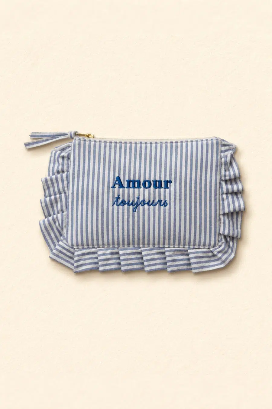 pochette en tissu rayé bleu et blanc - avec broderie amour toujours