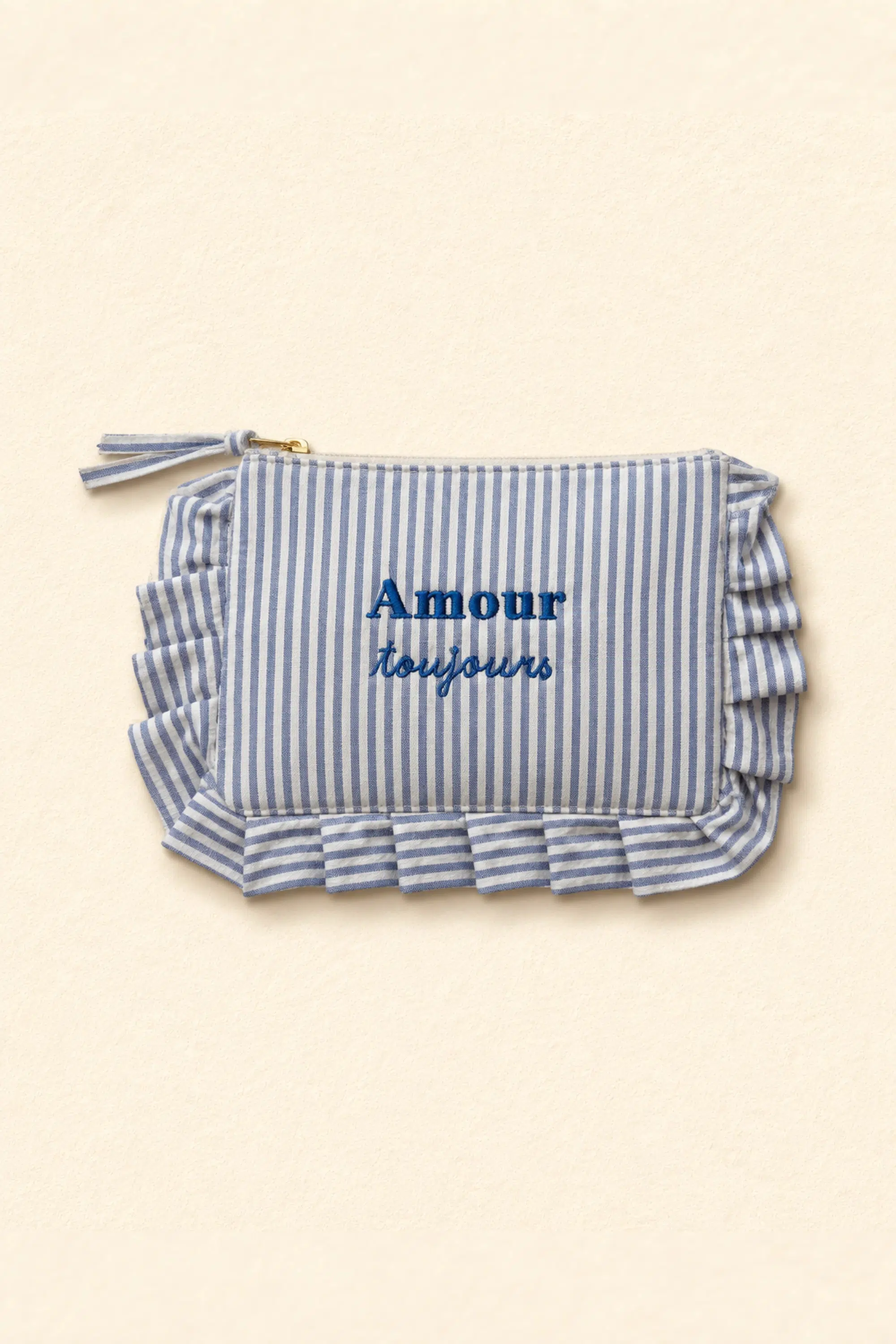 pochette en tissu rayé bleu et blanc - avec broderie amour toujours