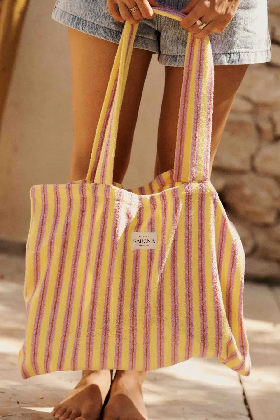 Femme sac cabas en tissu éponge rayé jaune et rose - grande contenance