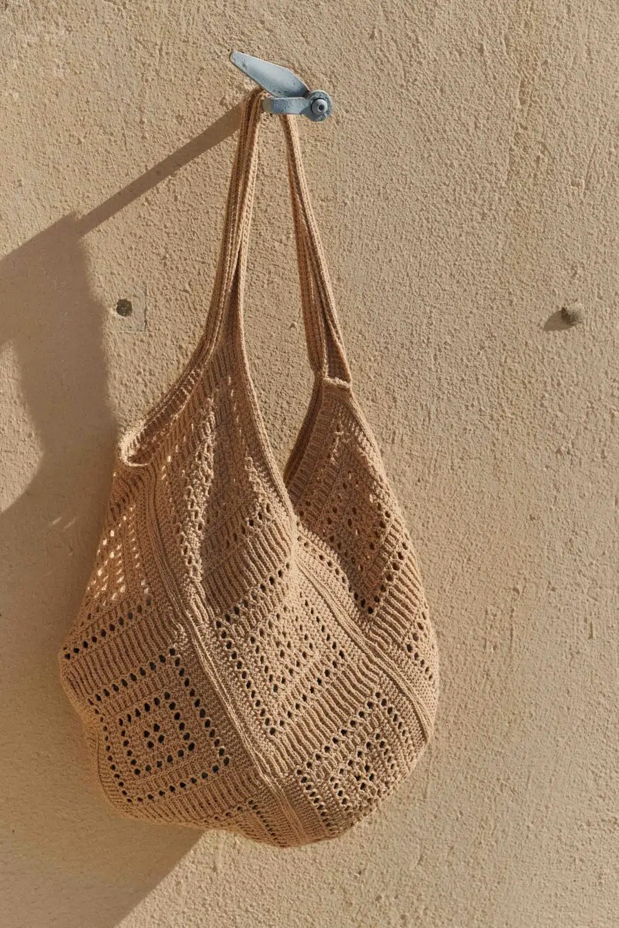 Femme sac cabas camel en maille crocheté - grande contenance - réversible