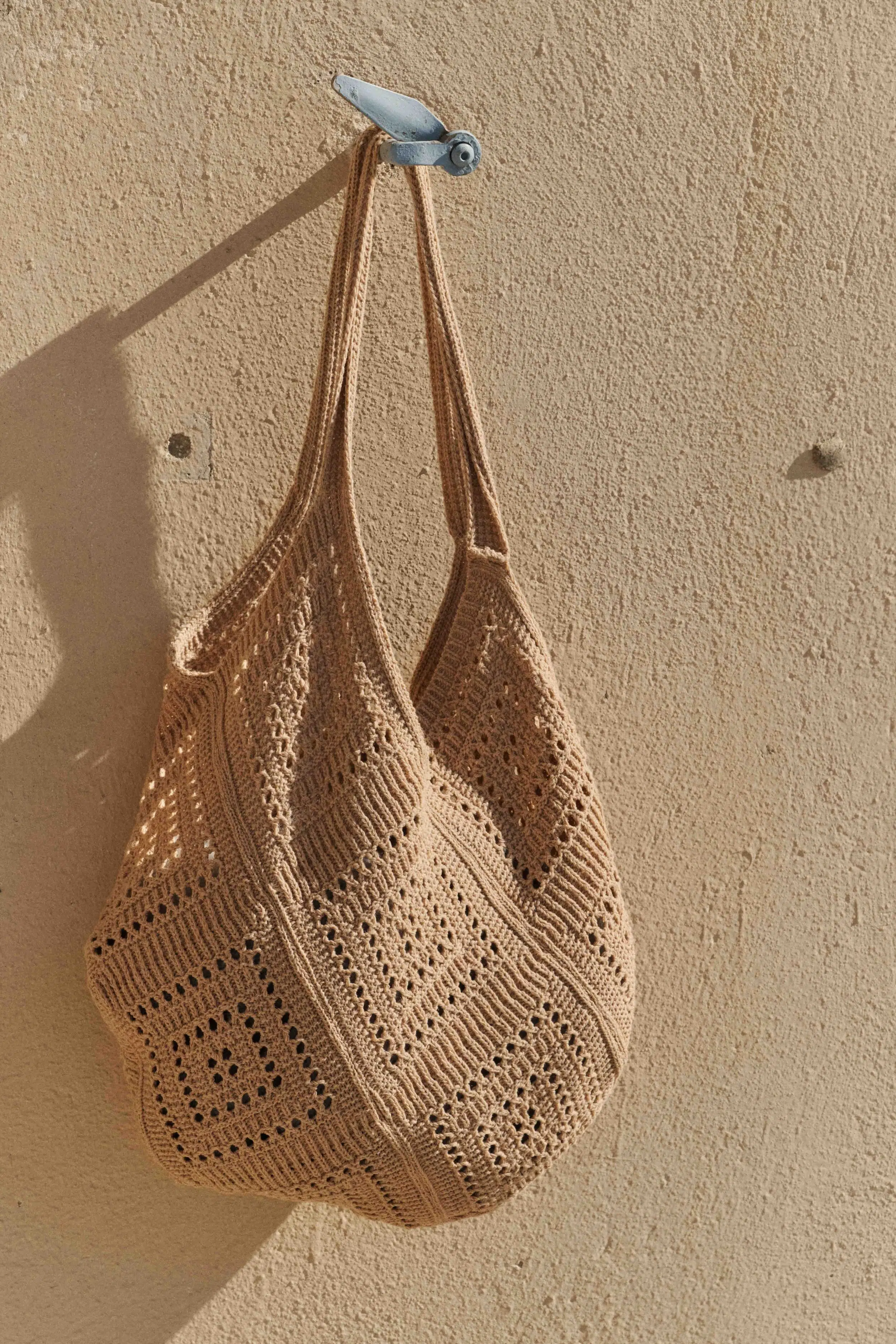 Femme sac cabas camel en maille crocheté - grande contenance - réversible