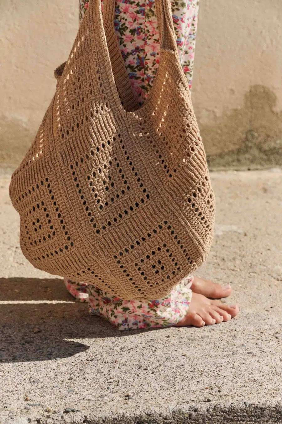 Femme sac cabas camel en maille crocheté - grande contenance - réversible