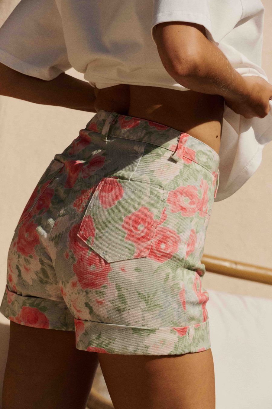 Short femme en jean taille haute - évasé - imprimé fleuri vintage maxi