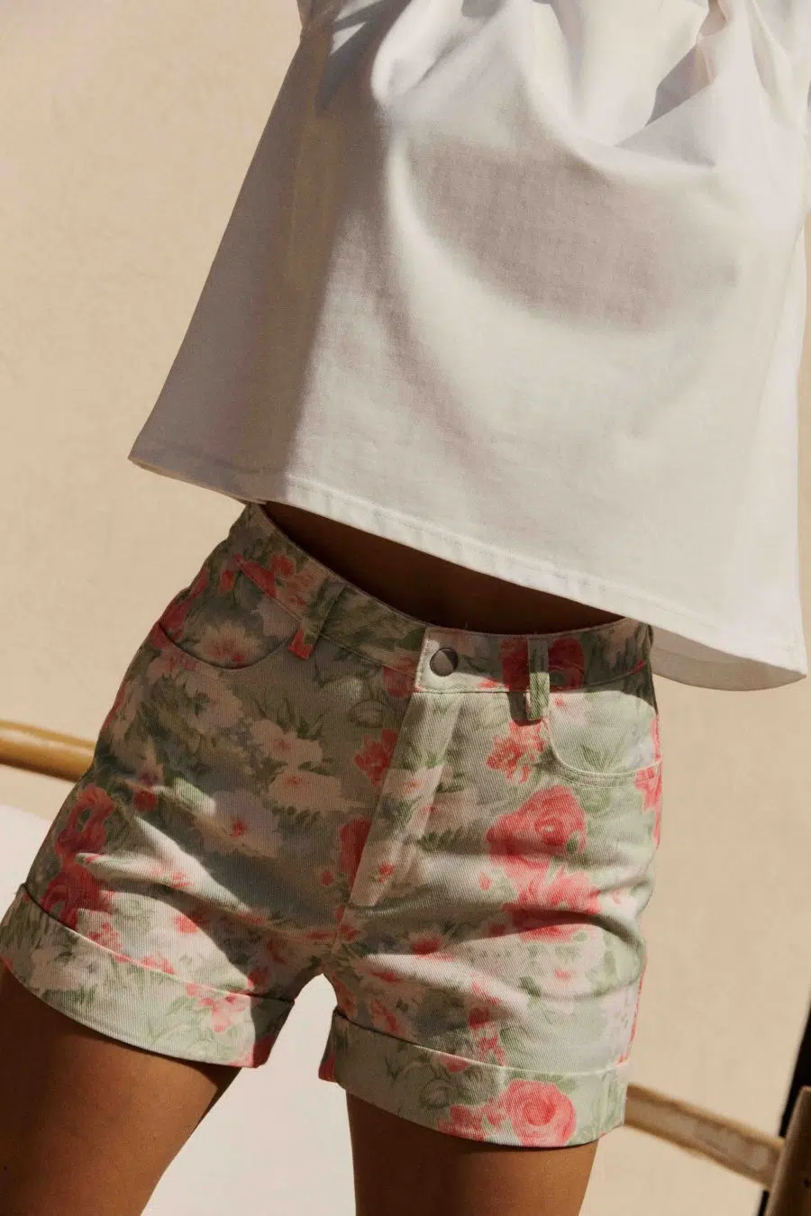 Short femme en jean taille haute - évasé - imprimé fleuri vintage maxi