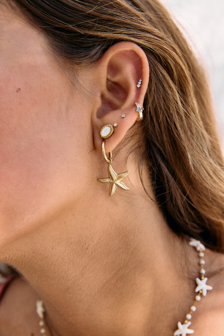 Boucles d’oreilles femme créoles dorées à pendentif étoile de mer