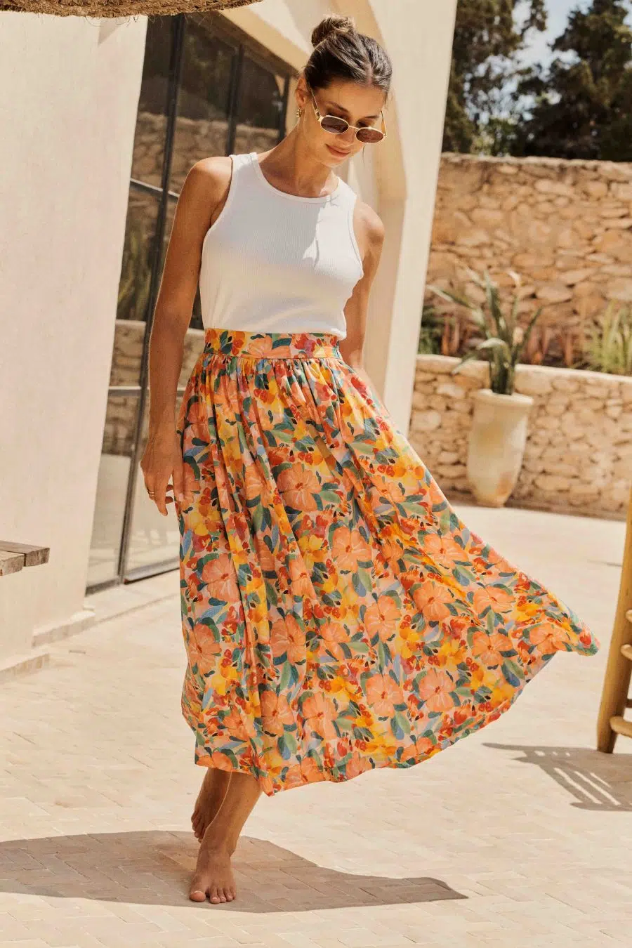 Jupe femme longue coupe fluide et imprimé fleuri multicolore