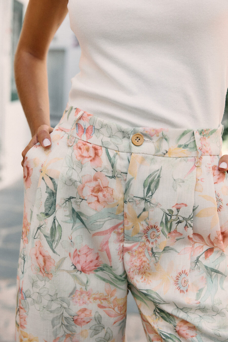 Pantalon femme droit large - imprimé fleuri rose - vert