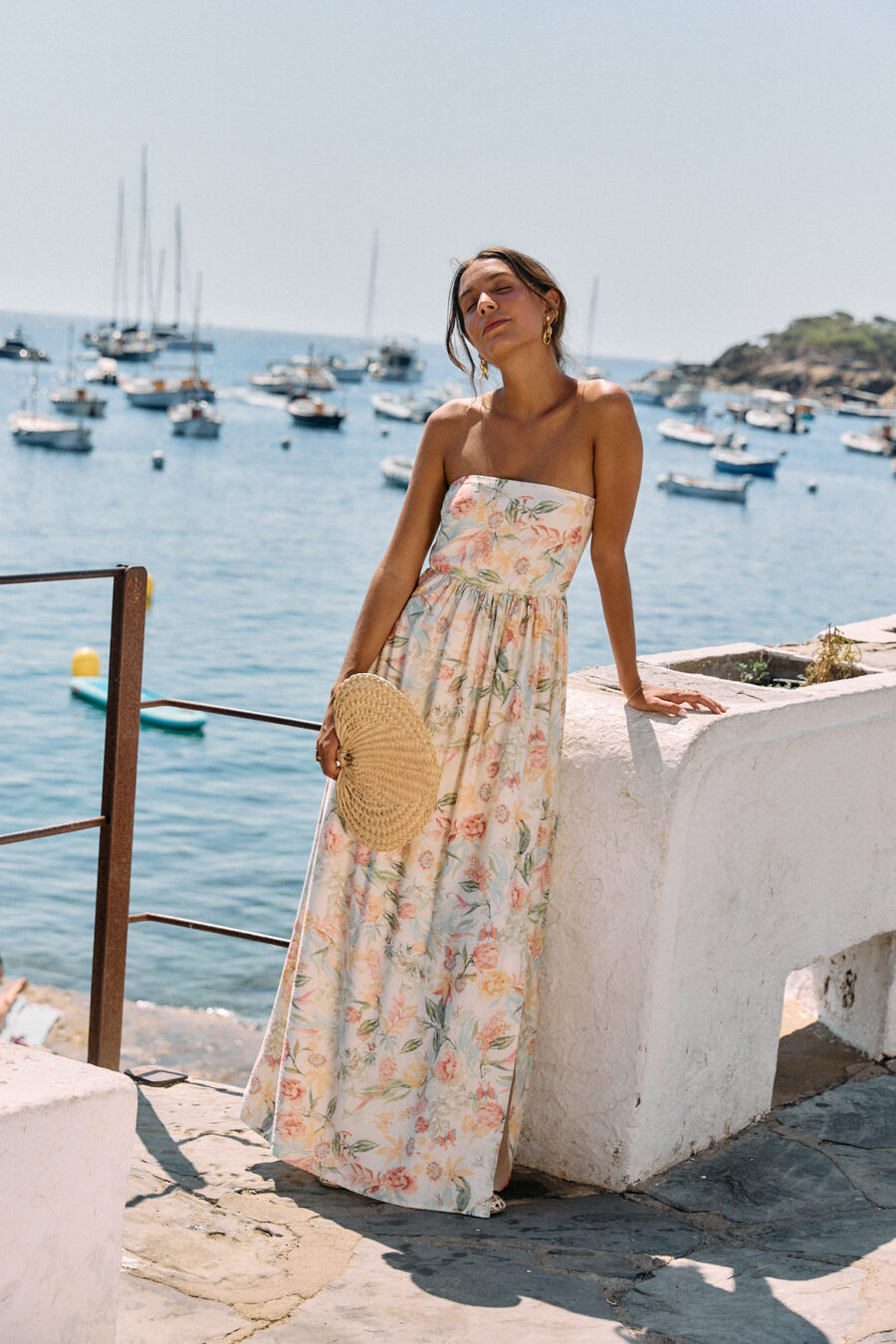 Robe bustier longue smockée - coupe fluide - imprimé fleuri vert-rose