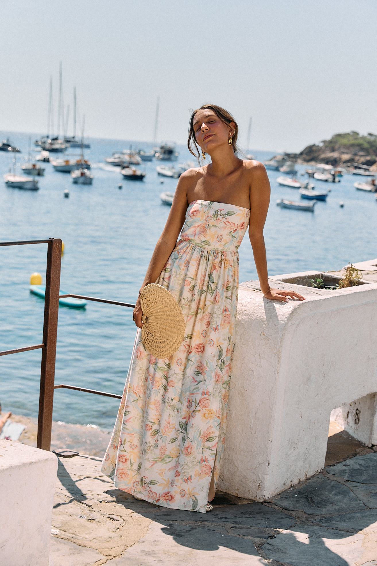 Robe bustier longue smockée - coupe fluide - imprimé fleuri vert-rose