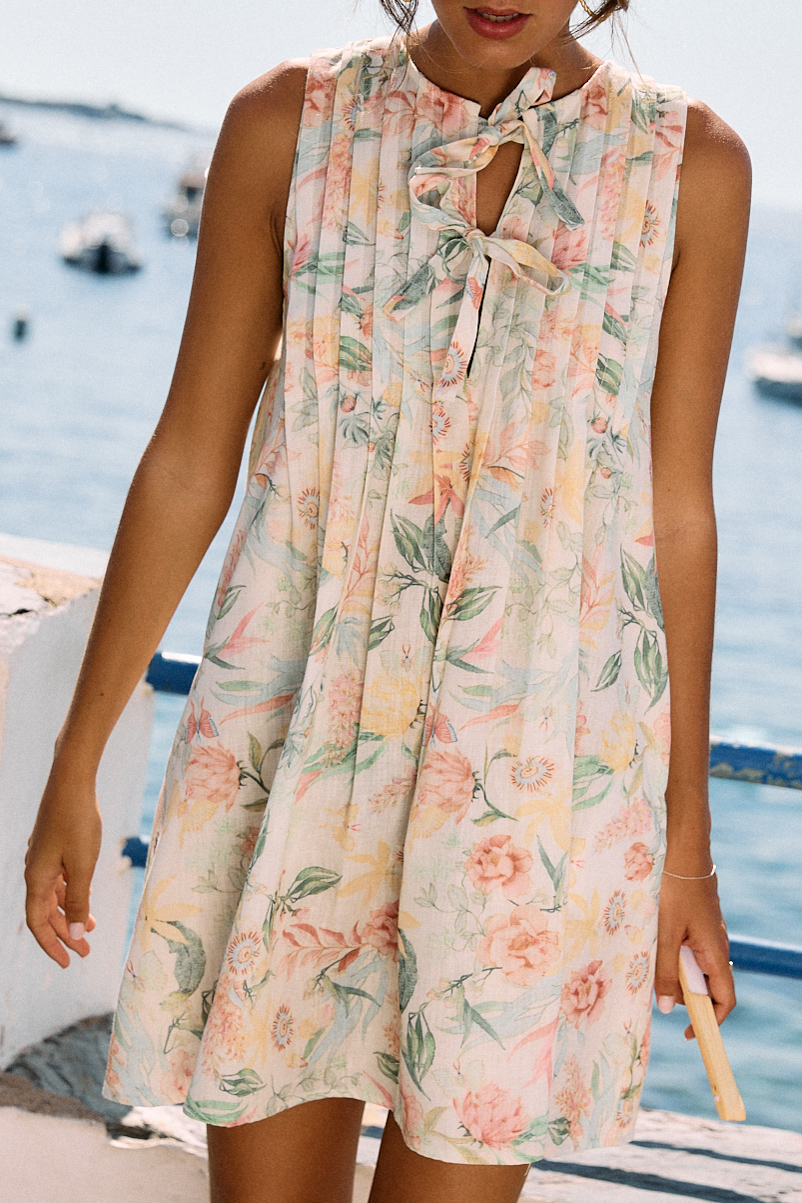 Robe courte - coupe fluide - imprimé fleuri vert-rose