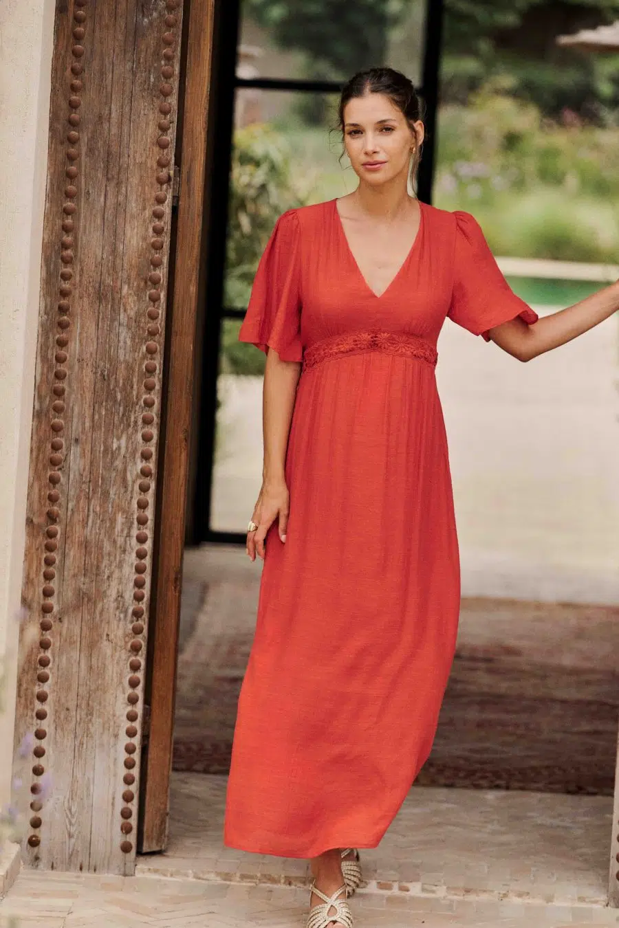 Robe femme longue rouge terracotta - col V
