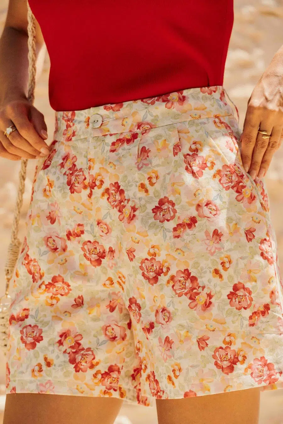 Short femme taille haute en coton imprimé fleuri vert et rouge