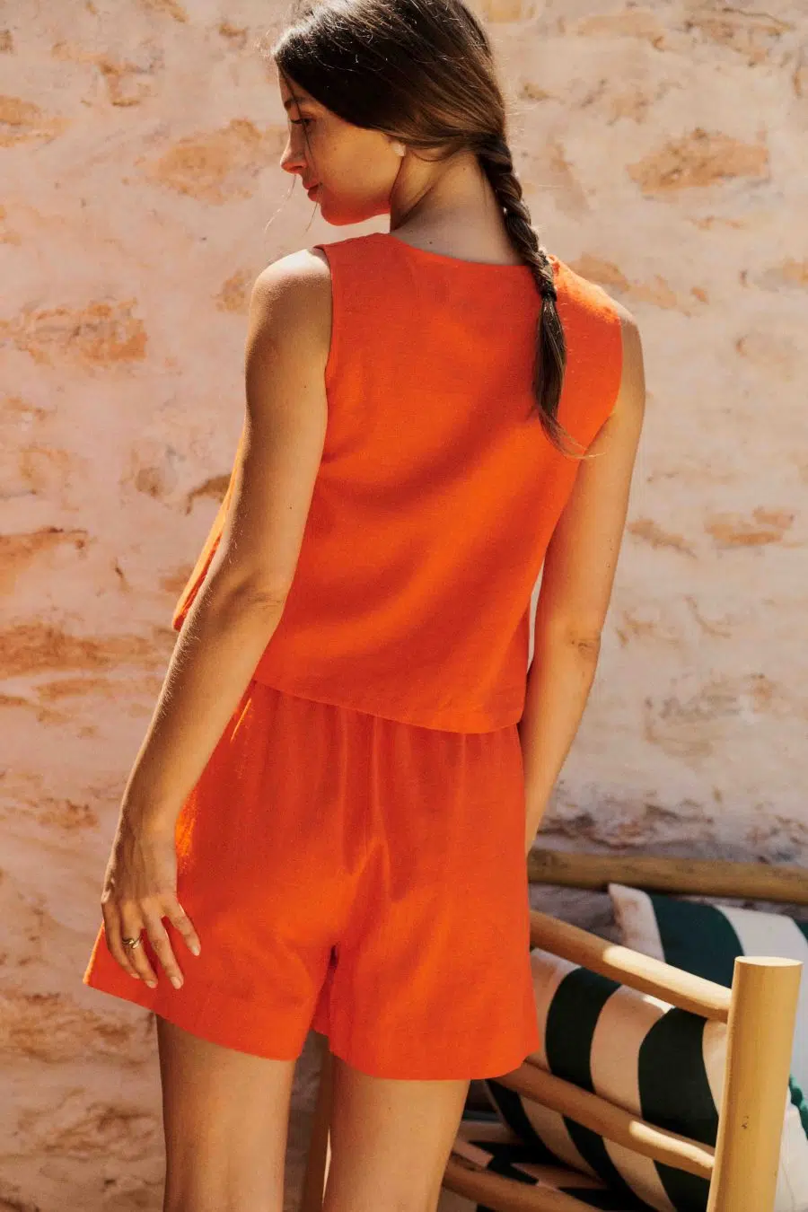 Short femme taille haute en lin orange