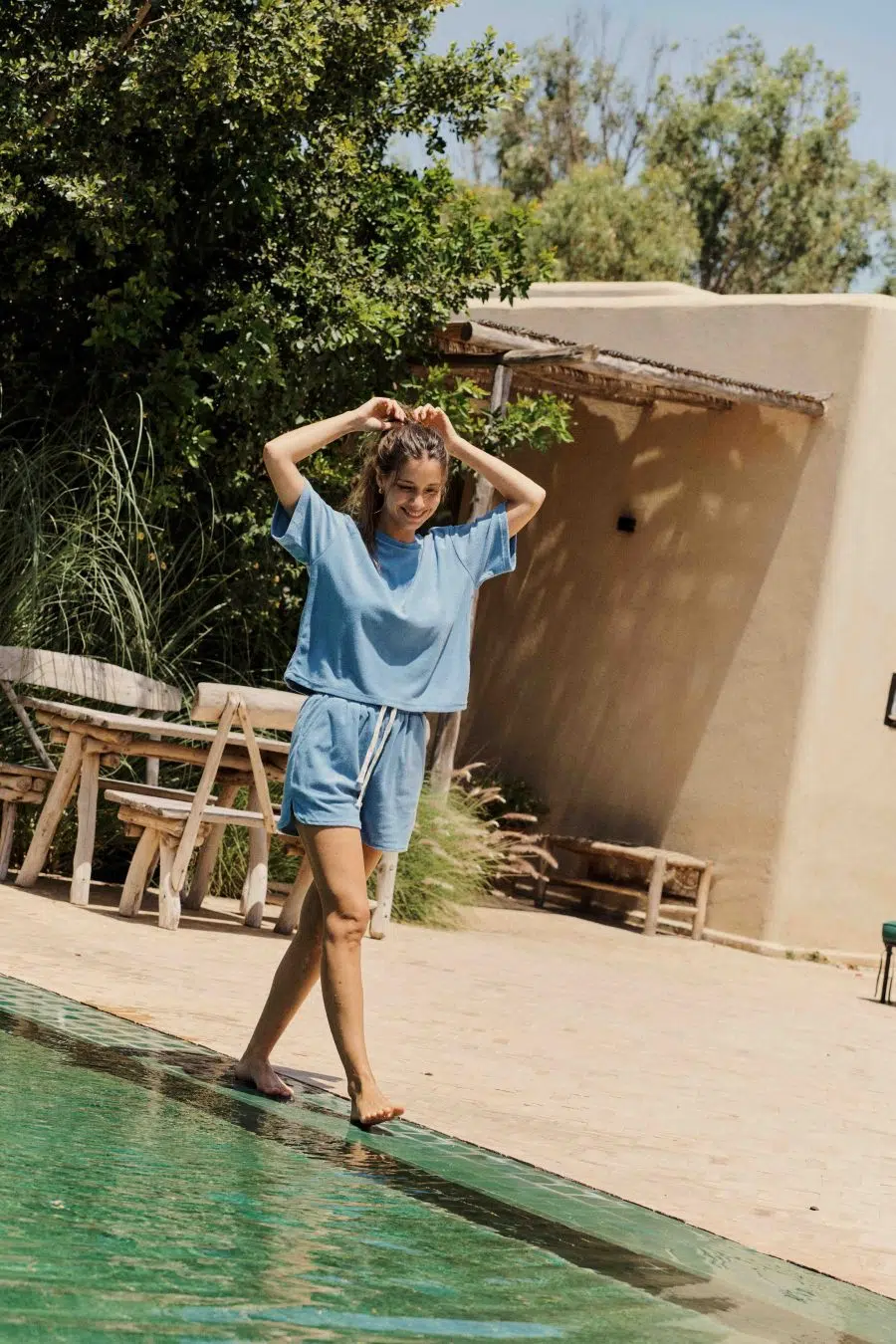 Pull-top manches courtes pour femme en coton éponge - coupe ample - bleu