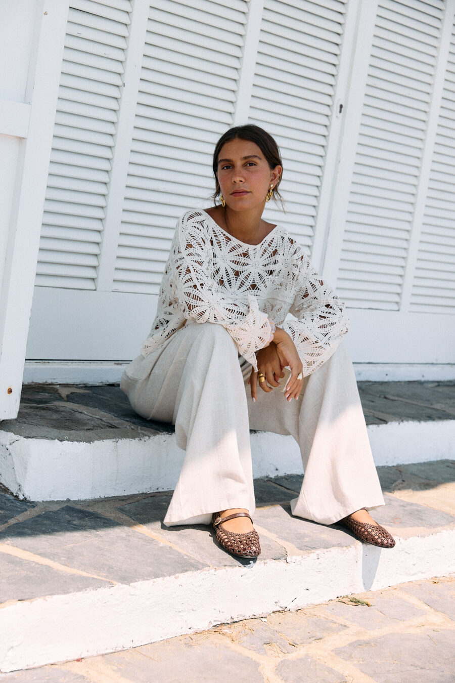 Femme top en crochet ajouré beige