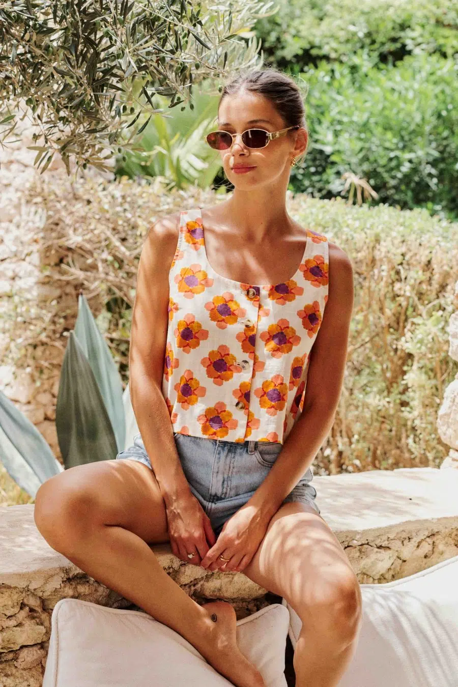 Veste - gilet de costume femme orange - sans manches à imprimé fleuri
