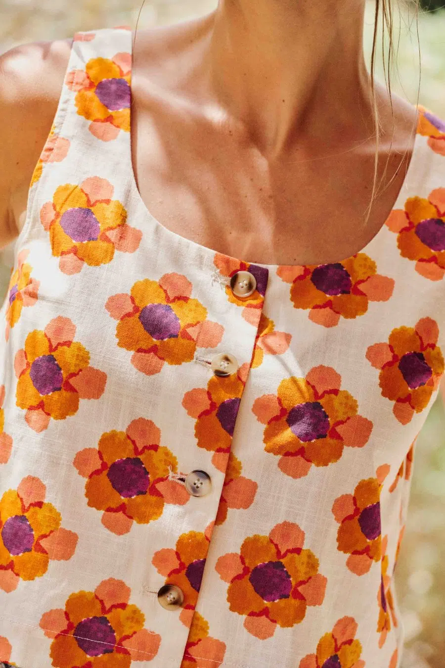 Veste - gilet de costume femme orange - sans manches à imprimé fleuri