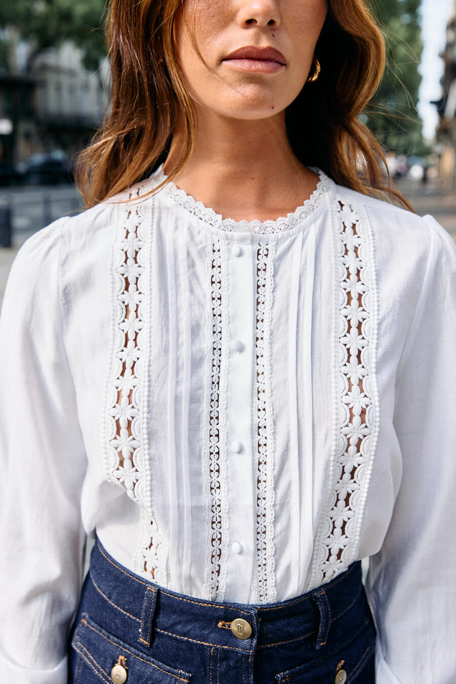 Chemise blanche femme - manches longues - broderie anglaise - Sahoma