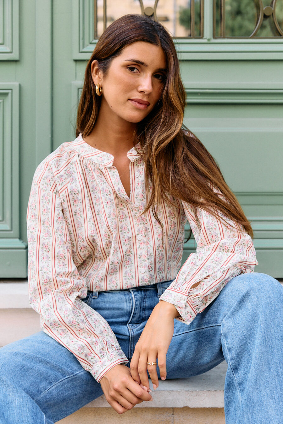 Blouse femme - beige imprimé fleuri - col rond