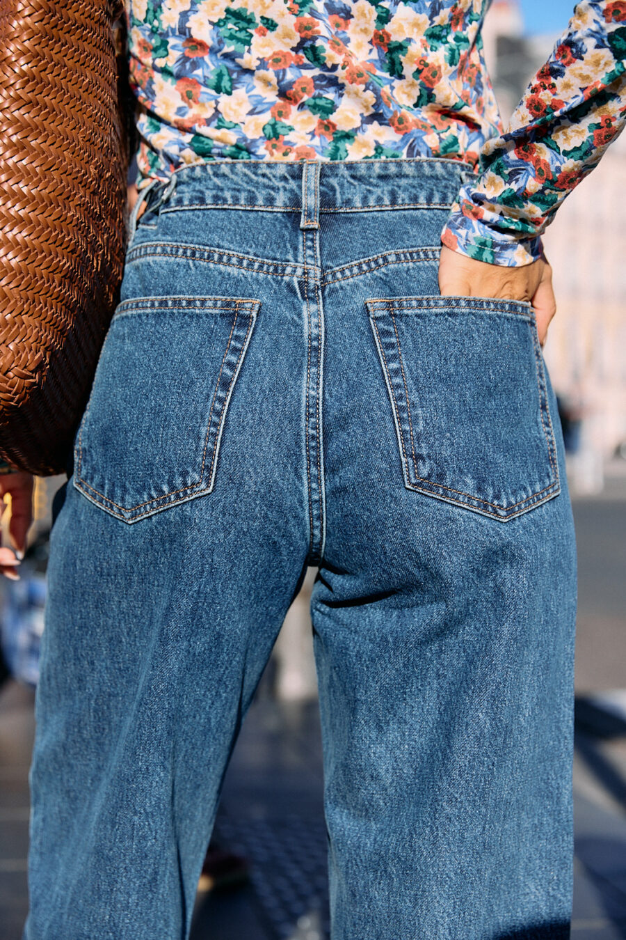 Jean femme bleu vintage - cropped - taille haute réglable - coupe droite