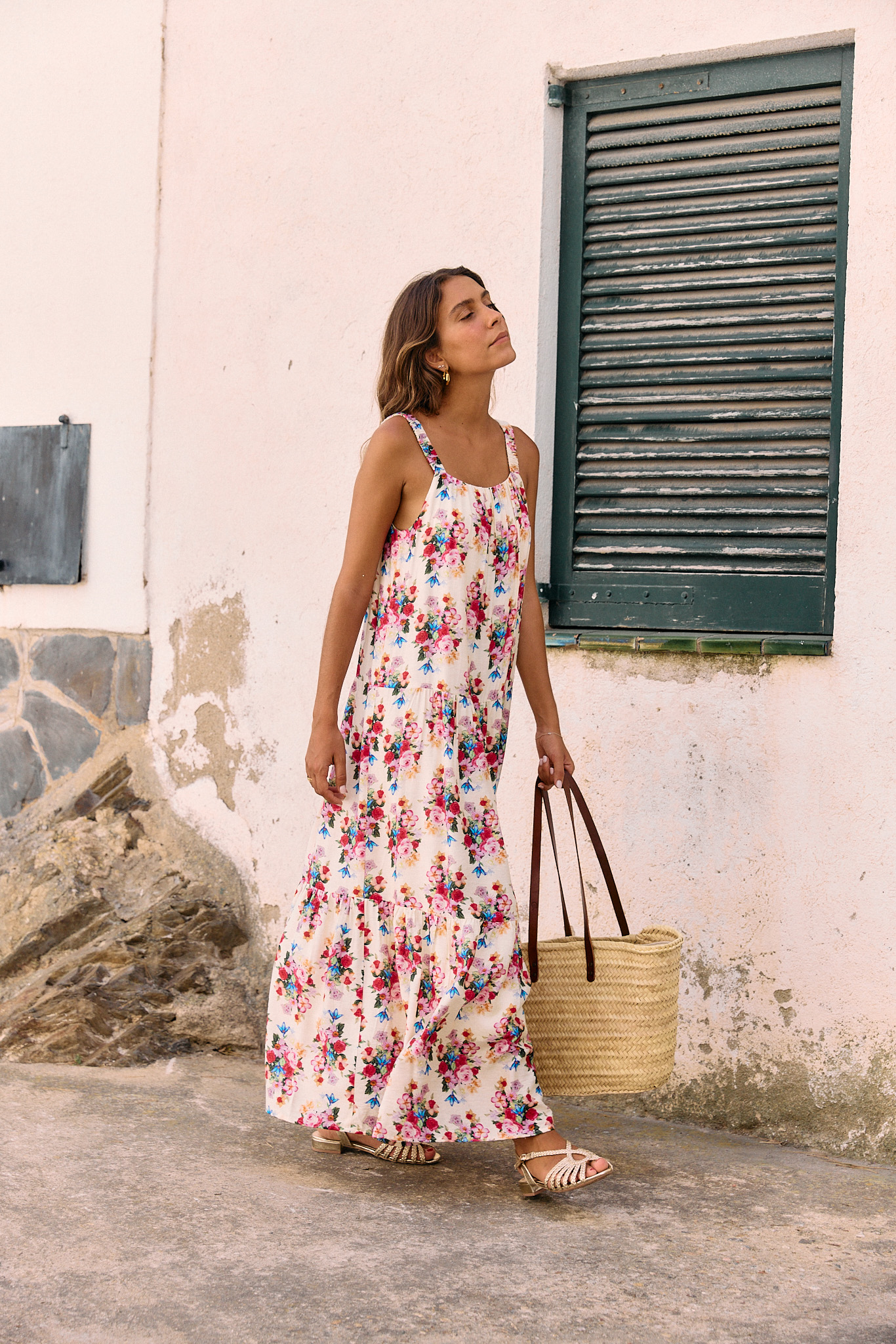 robe-cleodia-longue-sahoma-00011 Robe femme longue à bretelles - écrue et imprimé fleuri multicolore