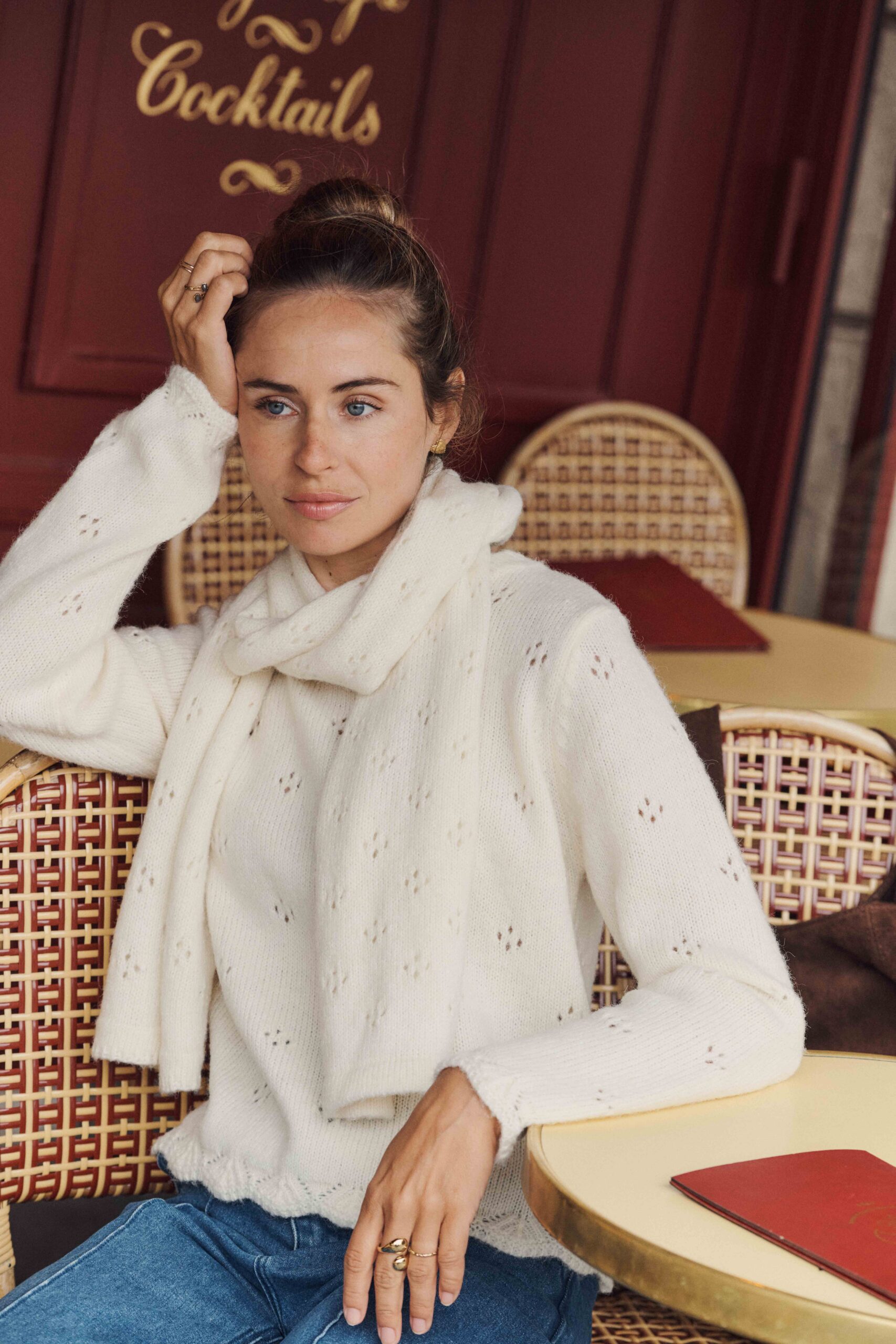 Sahoma | Pull Ines pour femme en maille ajouré crème | manches longues