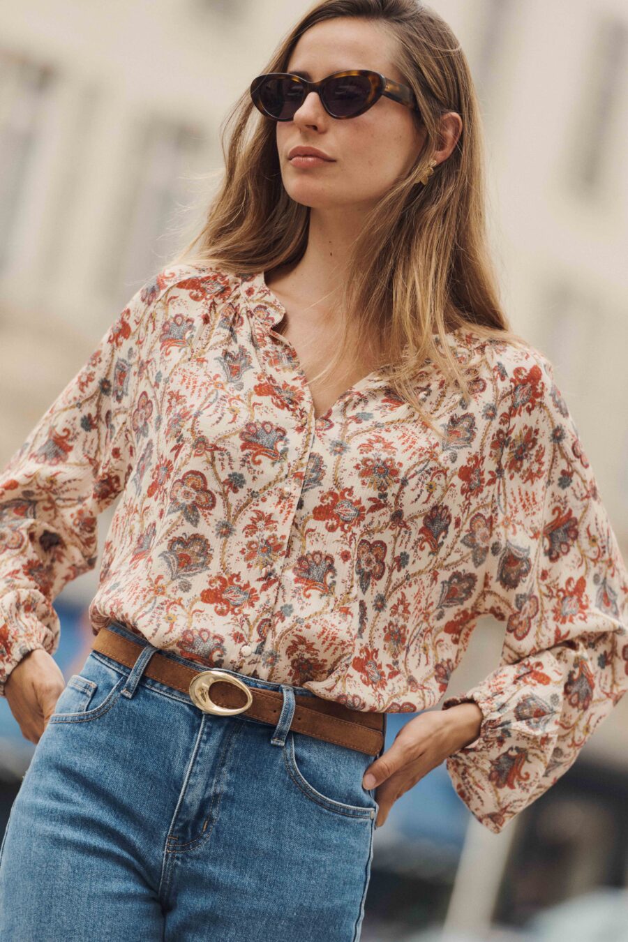 Blouse femme à motifs cachemire floral | manches longues | col rond | coupe ample et fluide