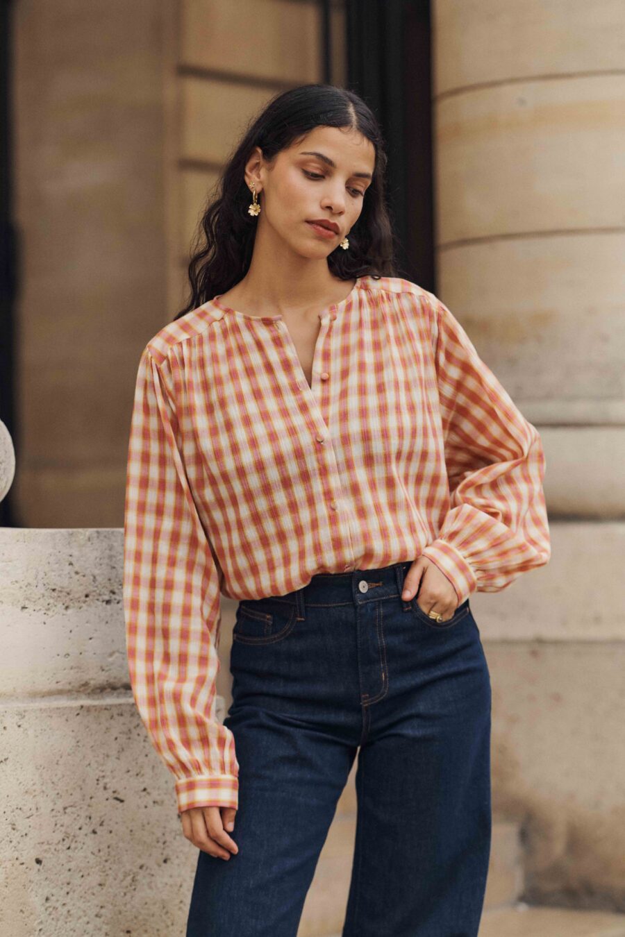Blouse femme manches longues carreaux-vichy rose rouge et jaune | Sahoma