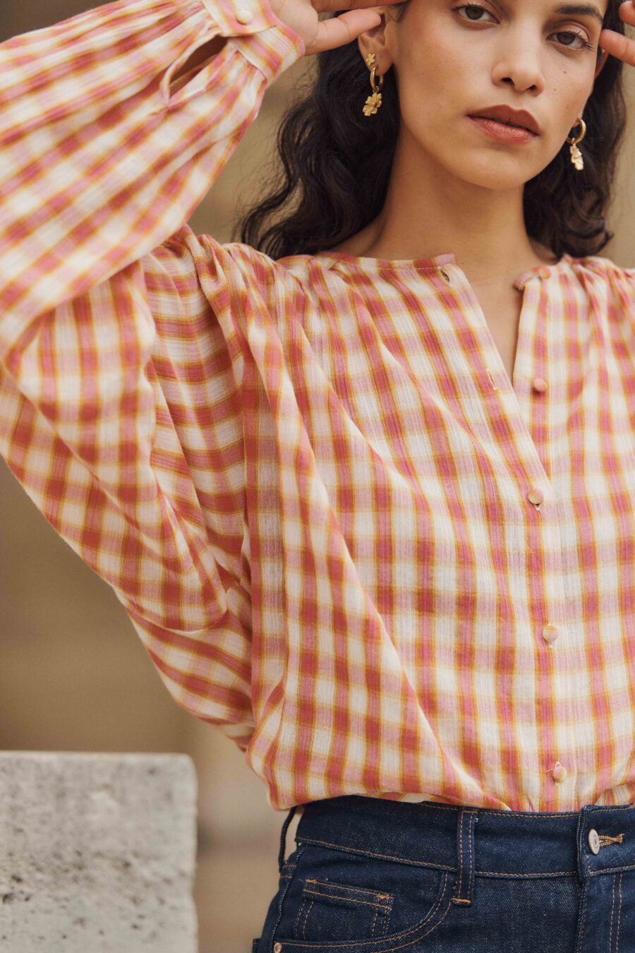 Blouse femme manches longues carreaux-vichy rose rouge et jaune | Sahoma