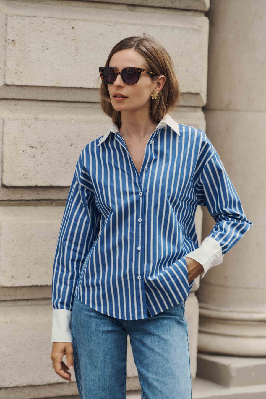 Chemise rayée femme tom Boy bleue | col et manchettes contrastés blancs | Sahoma