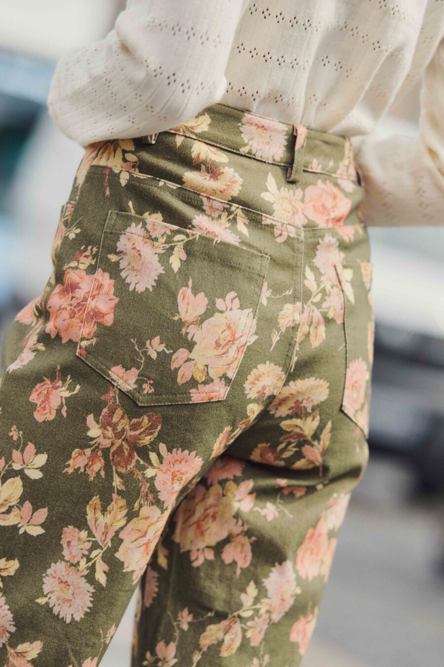 Sahoma | Jean Aloïs pour femme vert kaki à imprimé fleuri maxi | jambes larges et taille haute