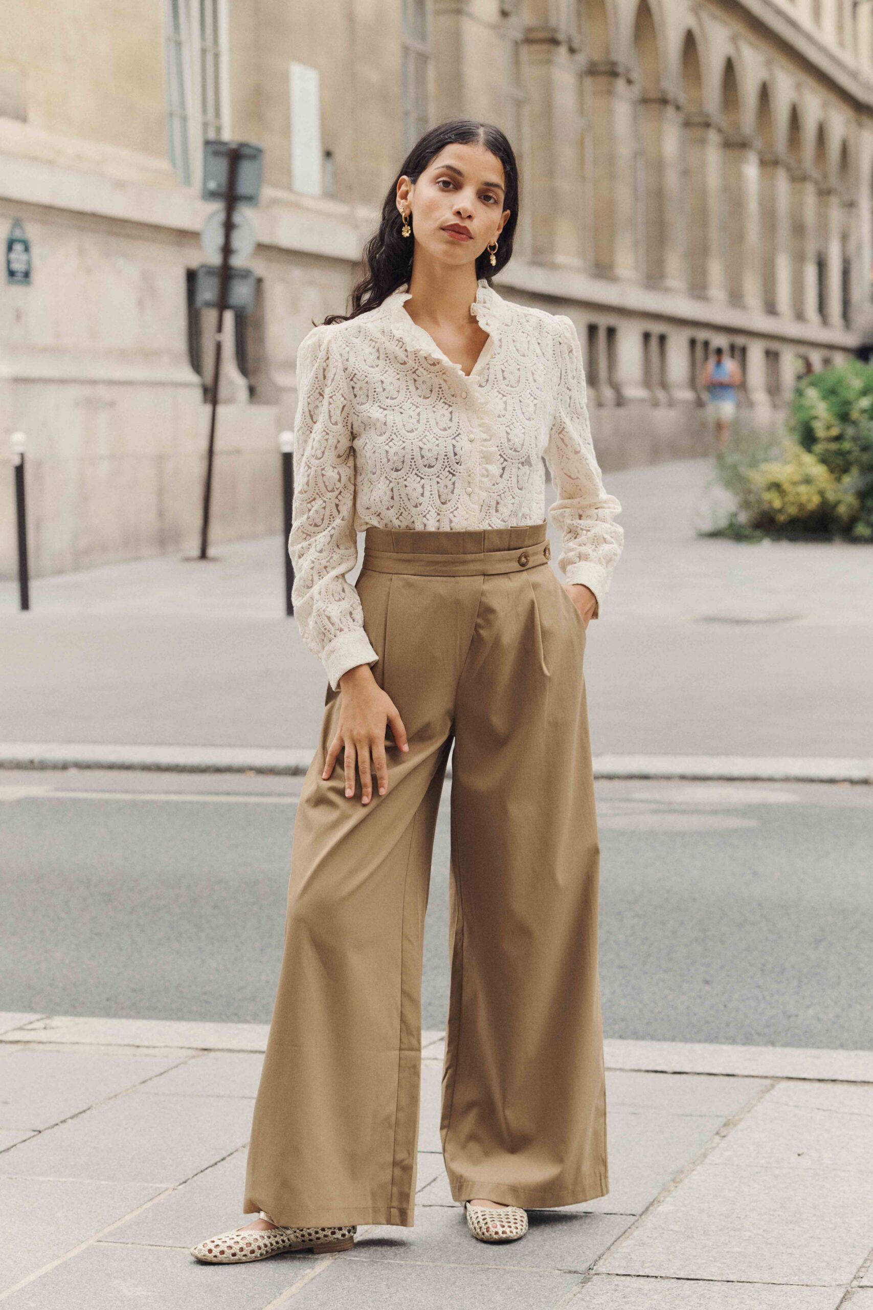 pantalon-many-beige-sahoma-00001 Pantalon femme beige-camel | coupe large fluide | taille haute à pinces | Sahoma