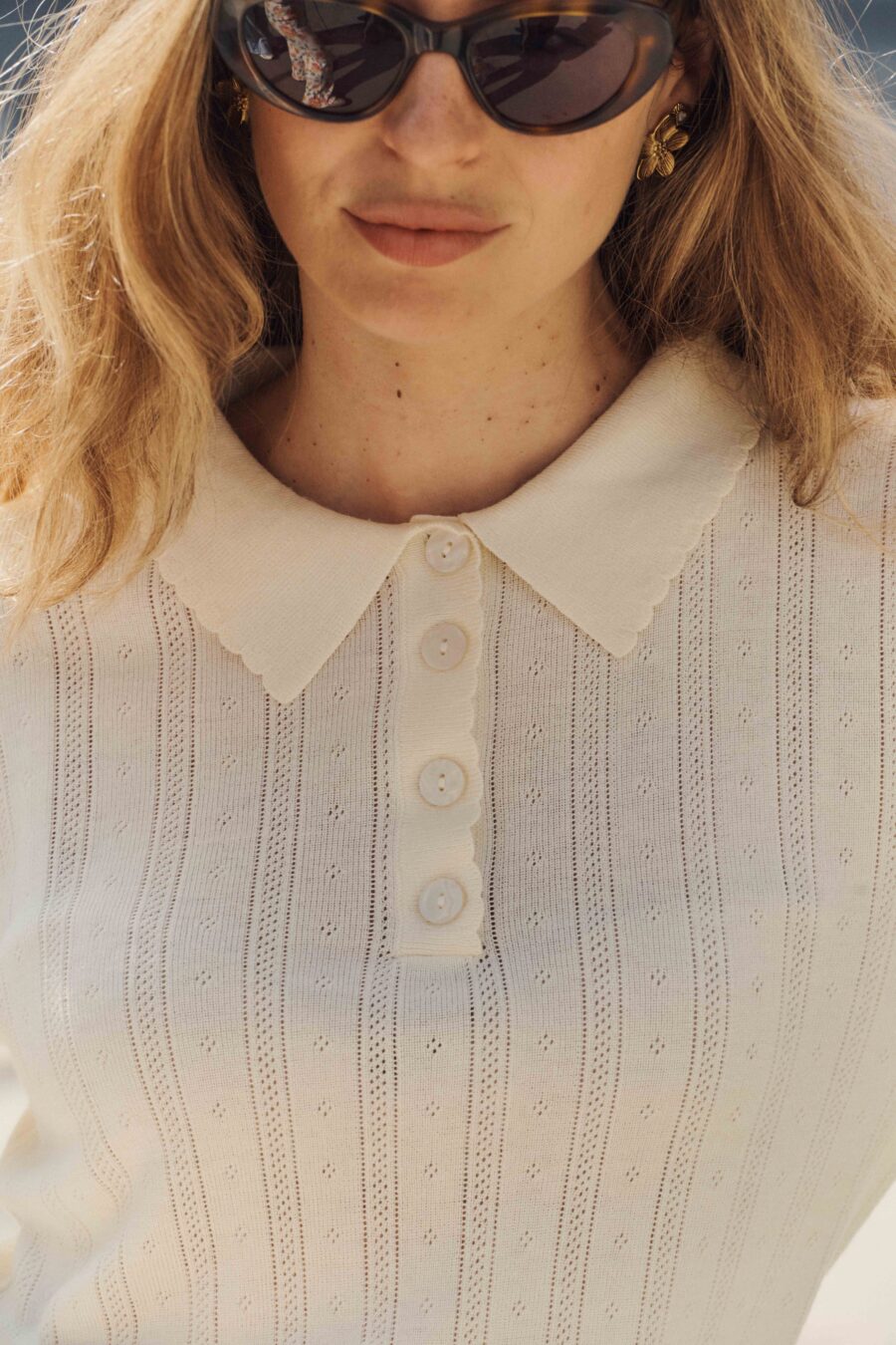 Polo en maille pour femme - Manches longues | col revers ondulé | boutonné sur le haut | Sahoma