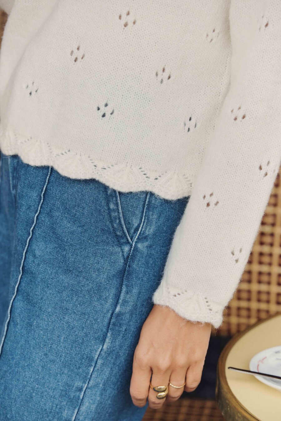 Sahoma | Pull Ines pour femme en maille ajouré crème | manches longues