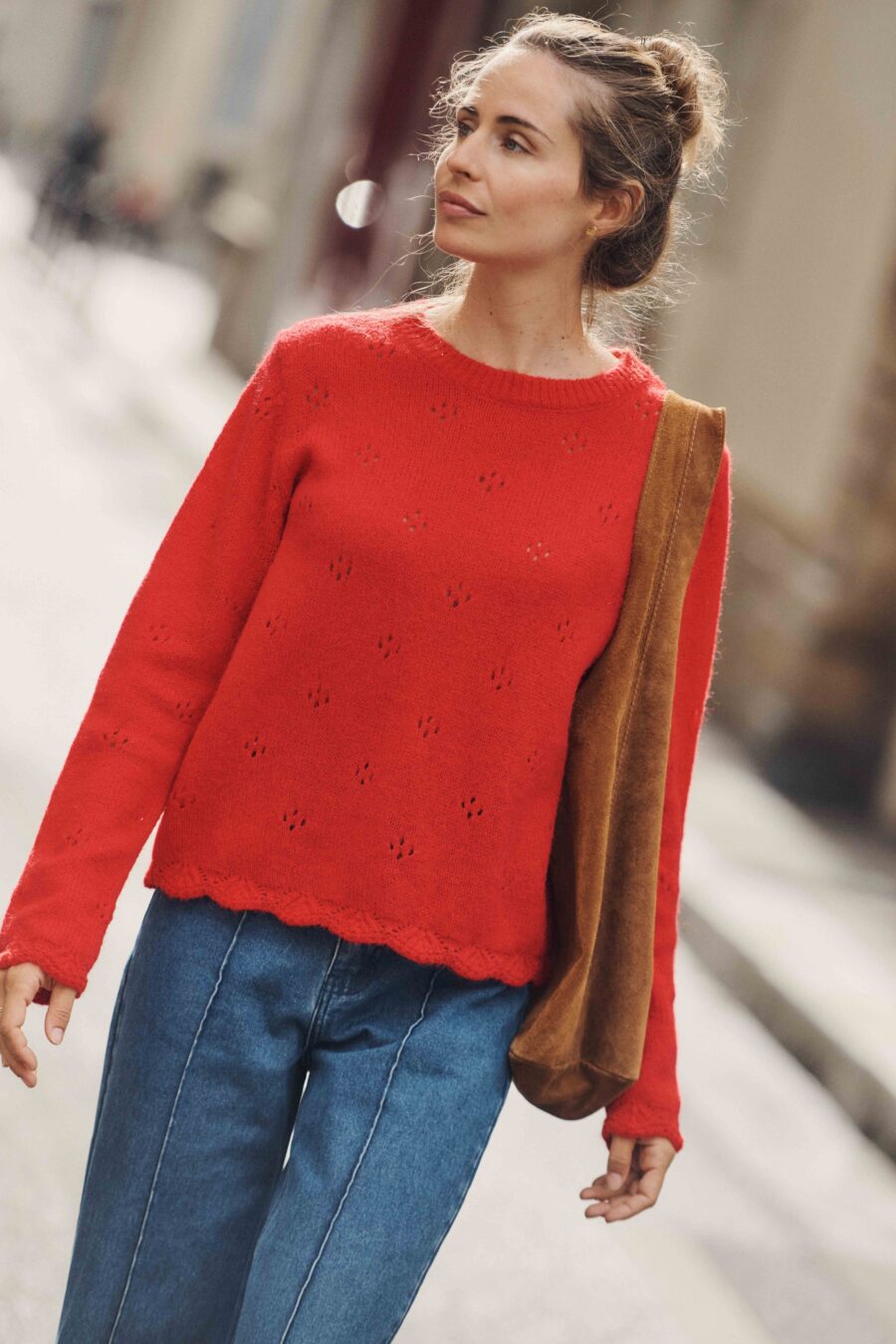 Sahoma | Pull Ines pour femme en maille ajouré rouge | manches longues