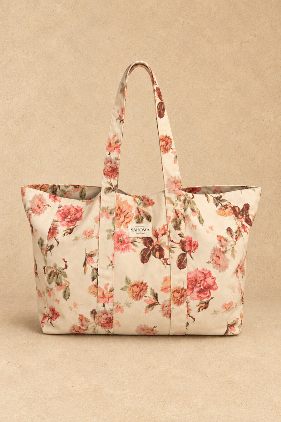 Femme sac cabas en tissu épais | grande contenance | imprimé fleuri beige | Sahoma