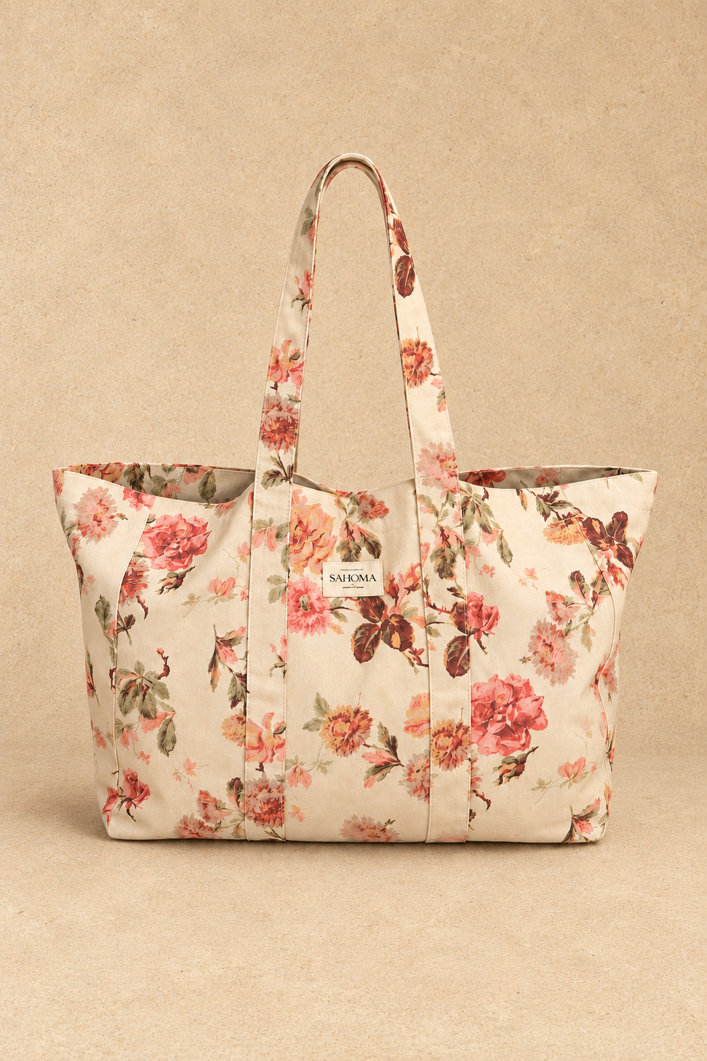 sac-cabas-rita-fleurie-packshot-sahoma- Femme sac cabas en tissu épais | grande contenance | imprimé fleuri beige | Sahoma