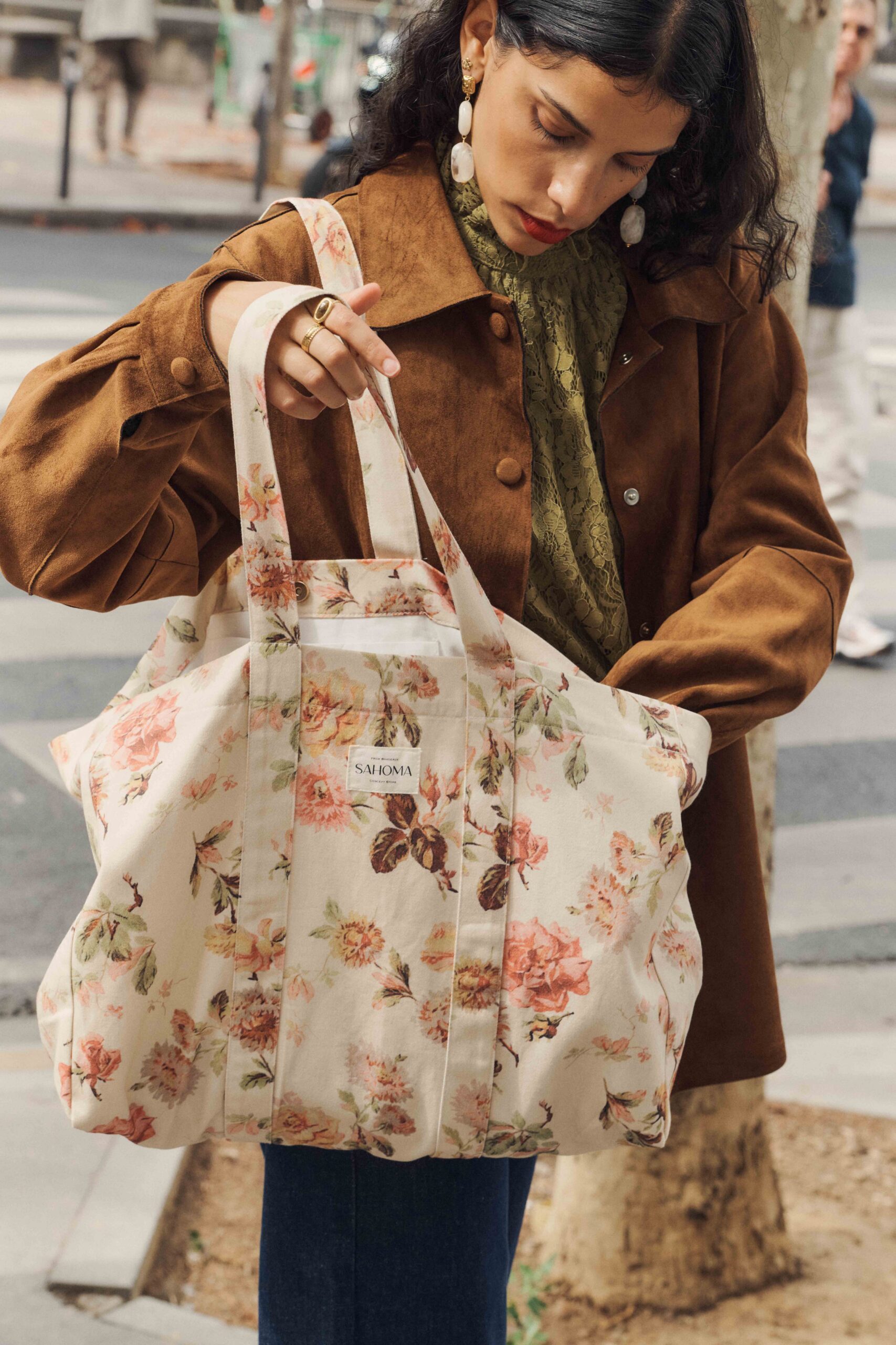 Femme sac cabas en tissu épais | grande contenance | imprimé fleuri beige | Sahoma