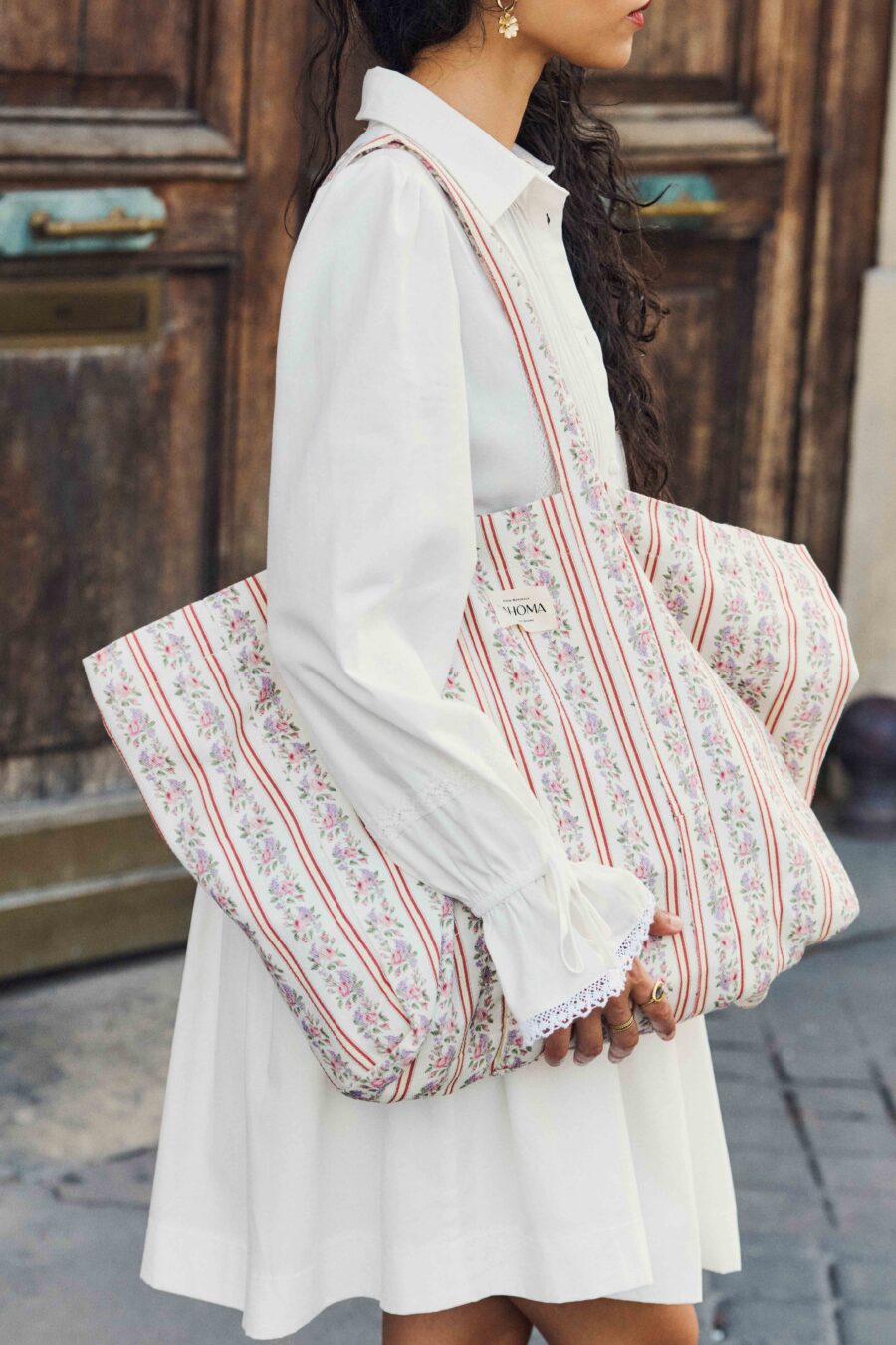 Femme sac cabas en tissu épais | grande contenance | imprimé fleuri beige | Sahoma