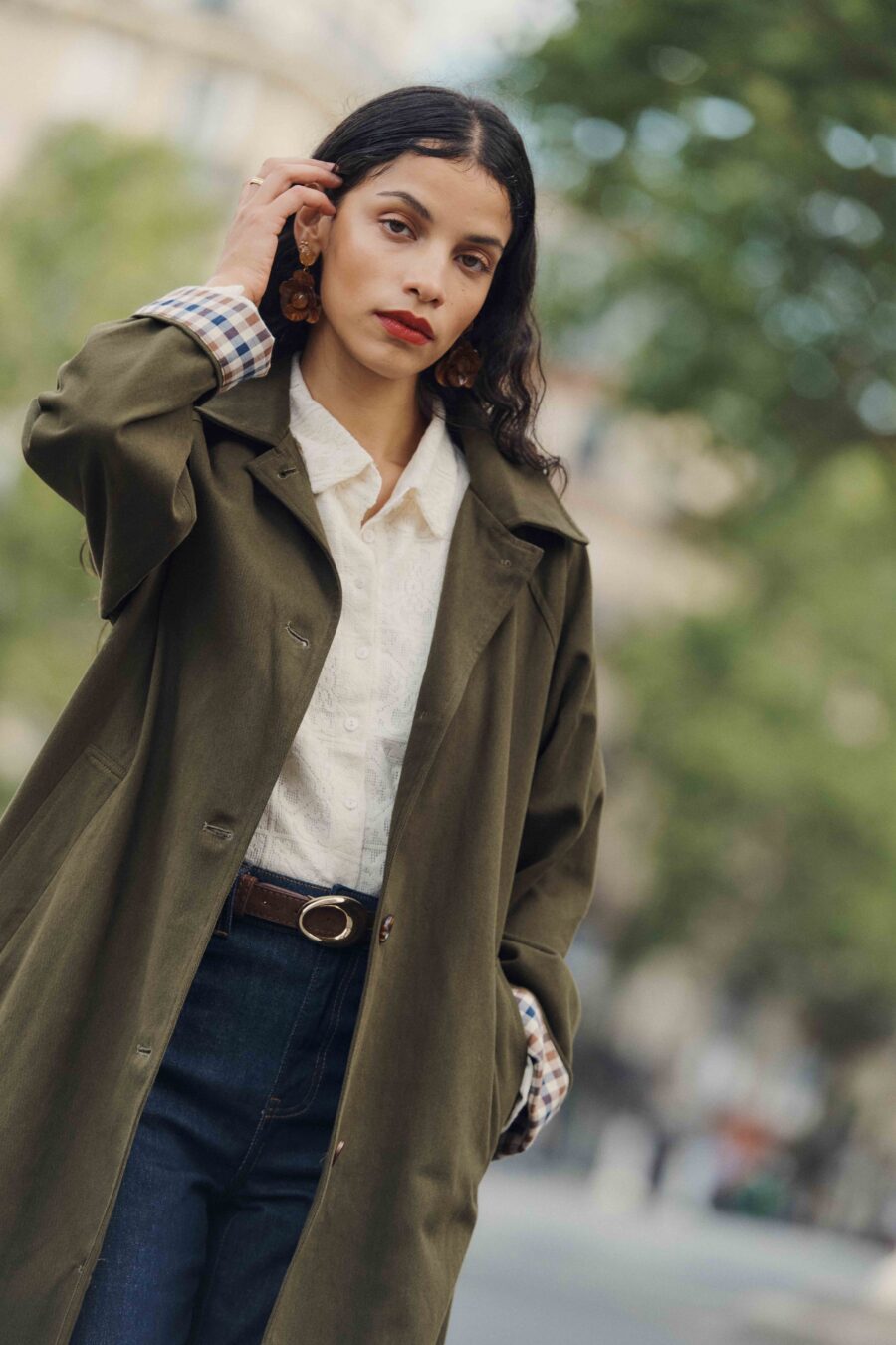 Trench femme coupe longue | vert kaki | Doublure vichy contrastante | Élégant et déperlant | Sahoma