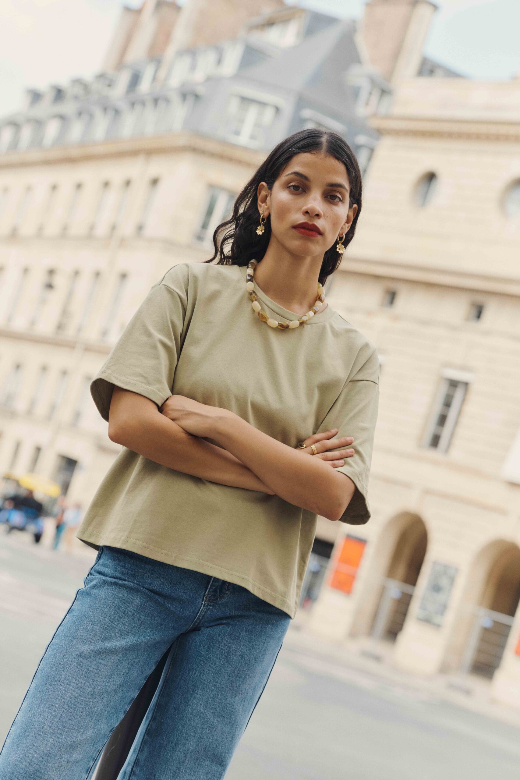 tshirt-bastien-kaki-sahoma-00001 T-shirt femme vert kaki col rond basique en 100% coton | Sahoma