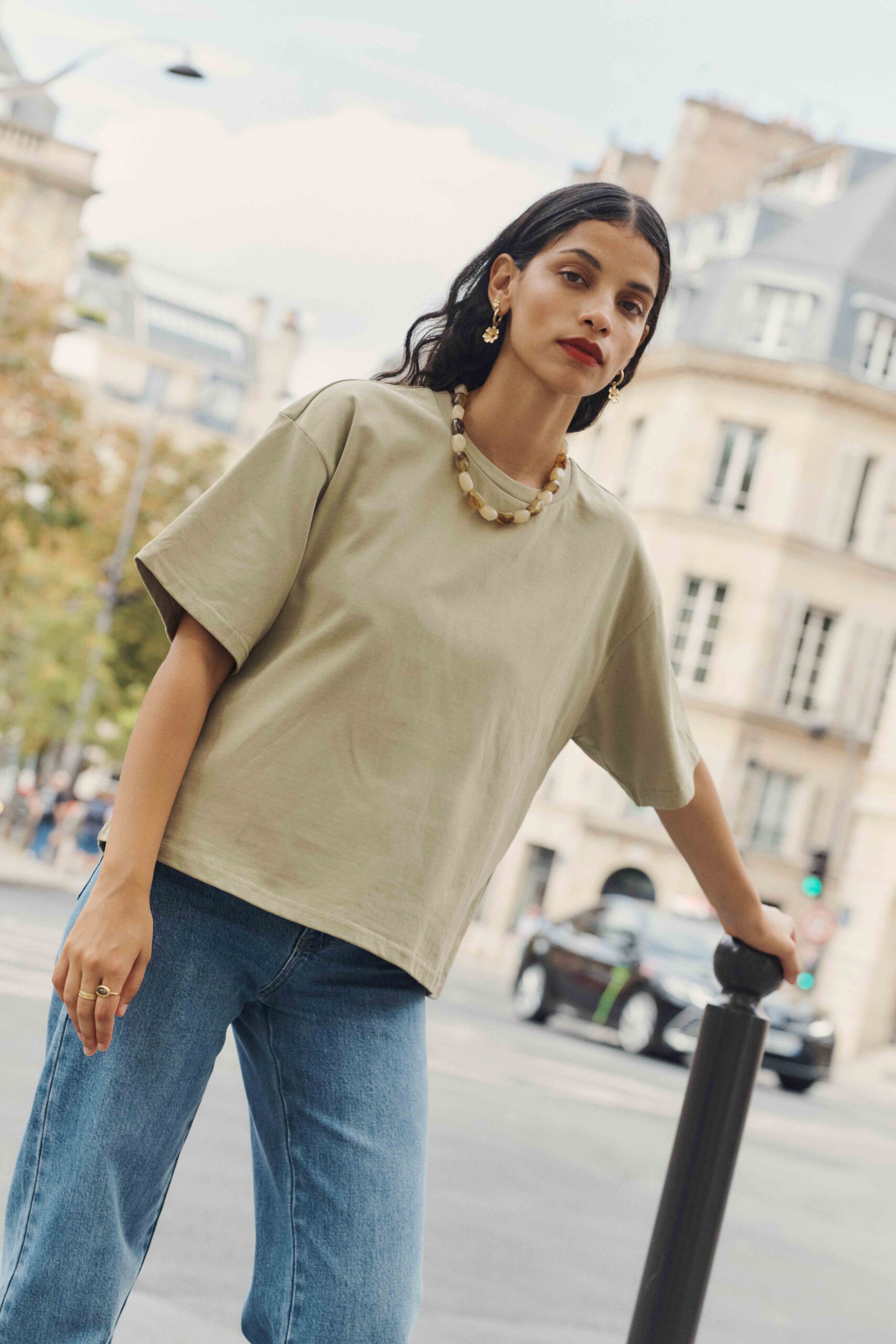 tshirt-bastien-kaki-sahoma-00002 T-shirt femme vert kaki col rond basique en 100% coton | Sahoma
