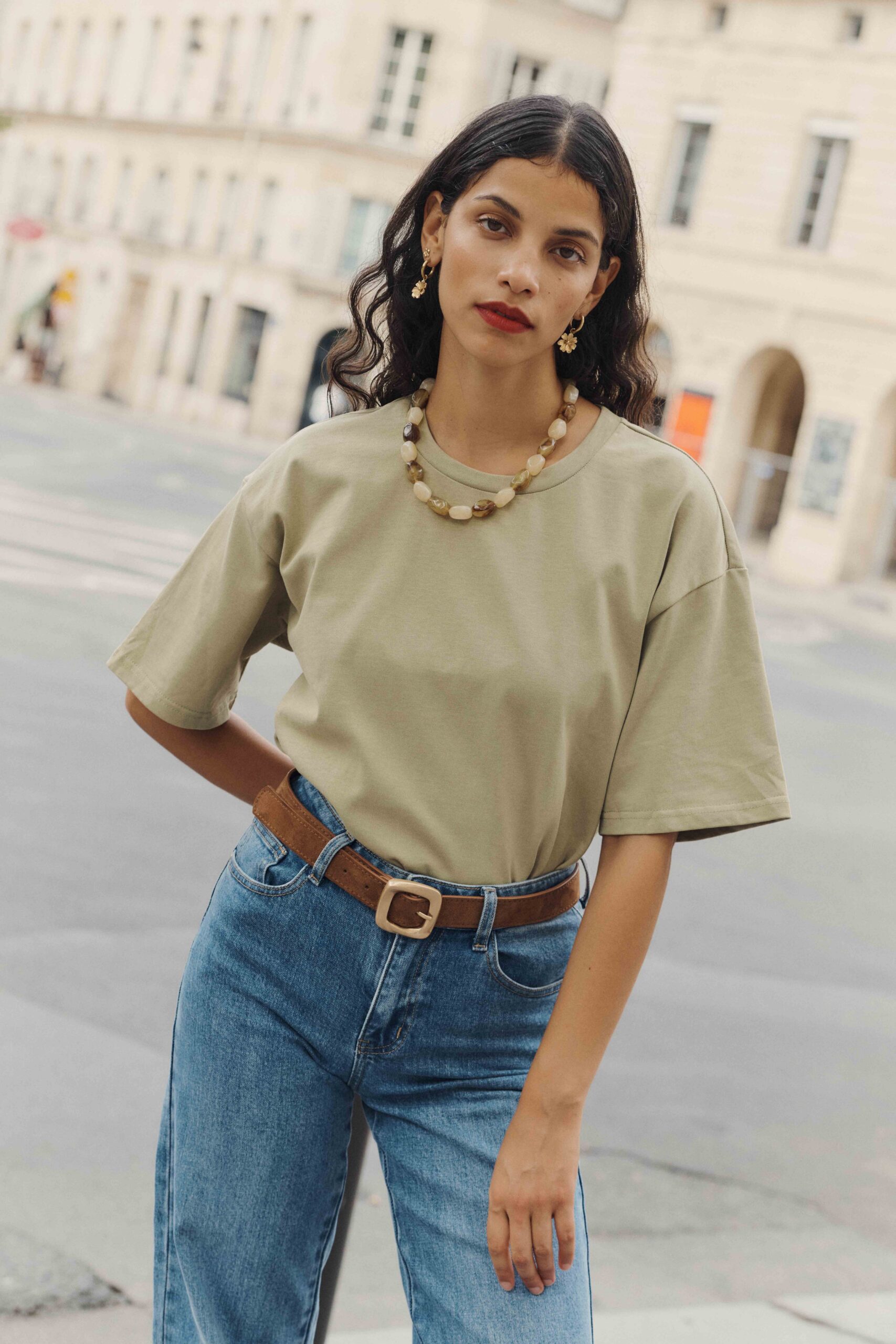 tshirt-bastien-kaki-sahoma-00003 T-shirt femme vert kaki col rond basique en 100% coton | Sahoma