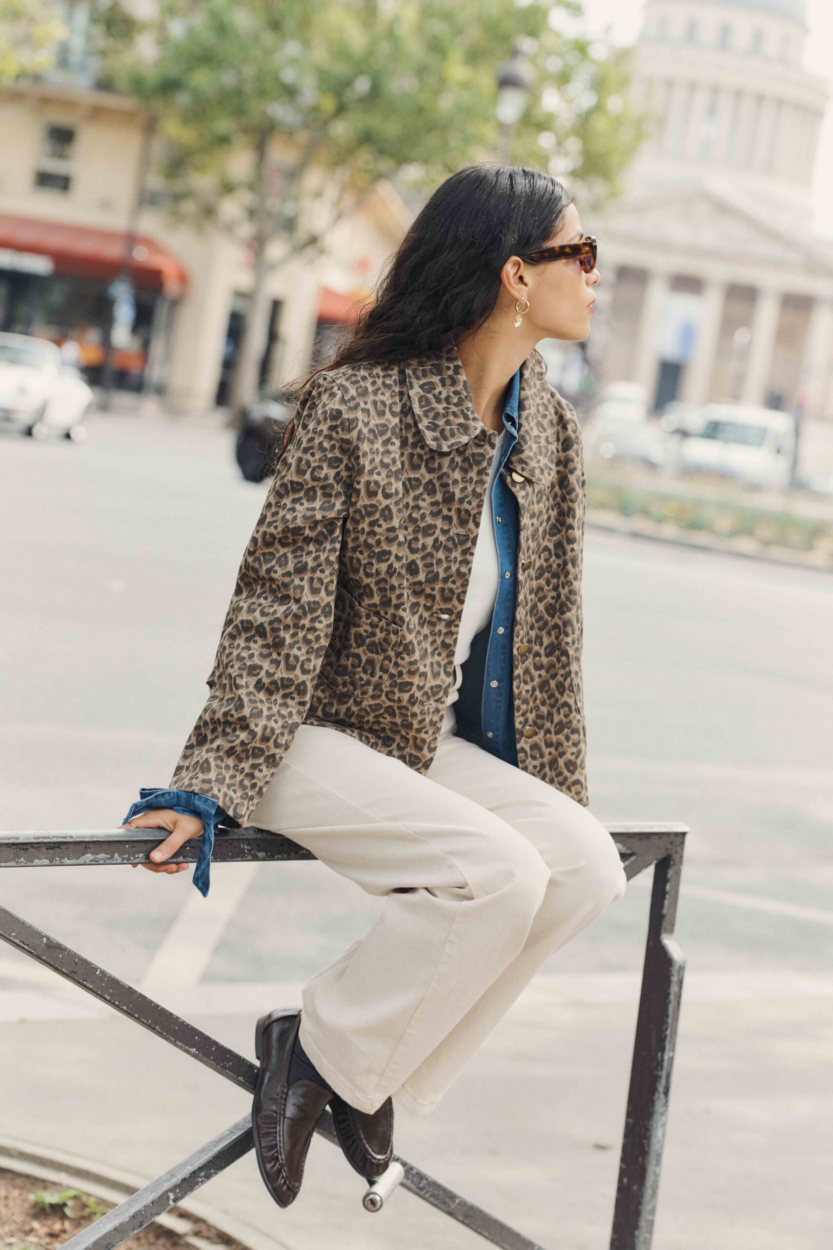 Veste femme en jean courte imprimé léopard - Coupe droite | Sahoma