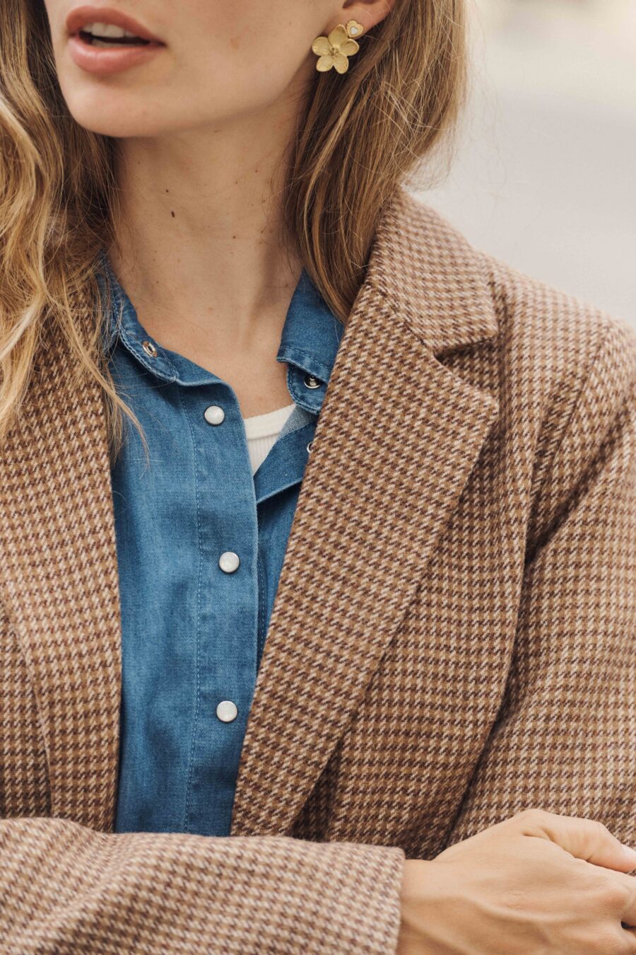 Femme veste blazer/ tailleur motif petits carreaux chinés marrons | Intemporelle et sophistiquée | Sahoma