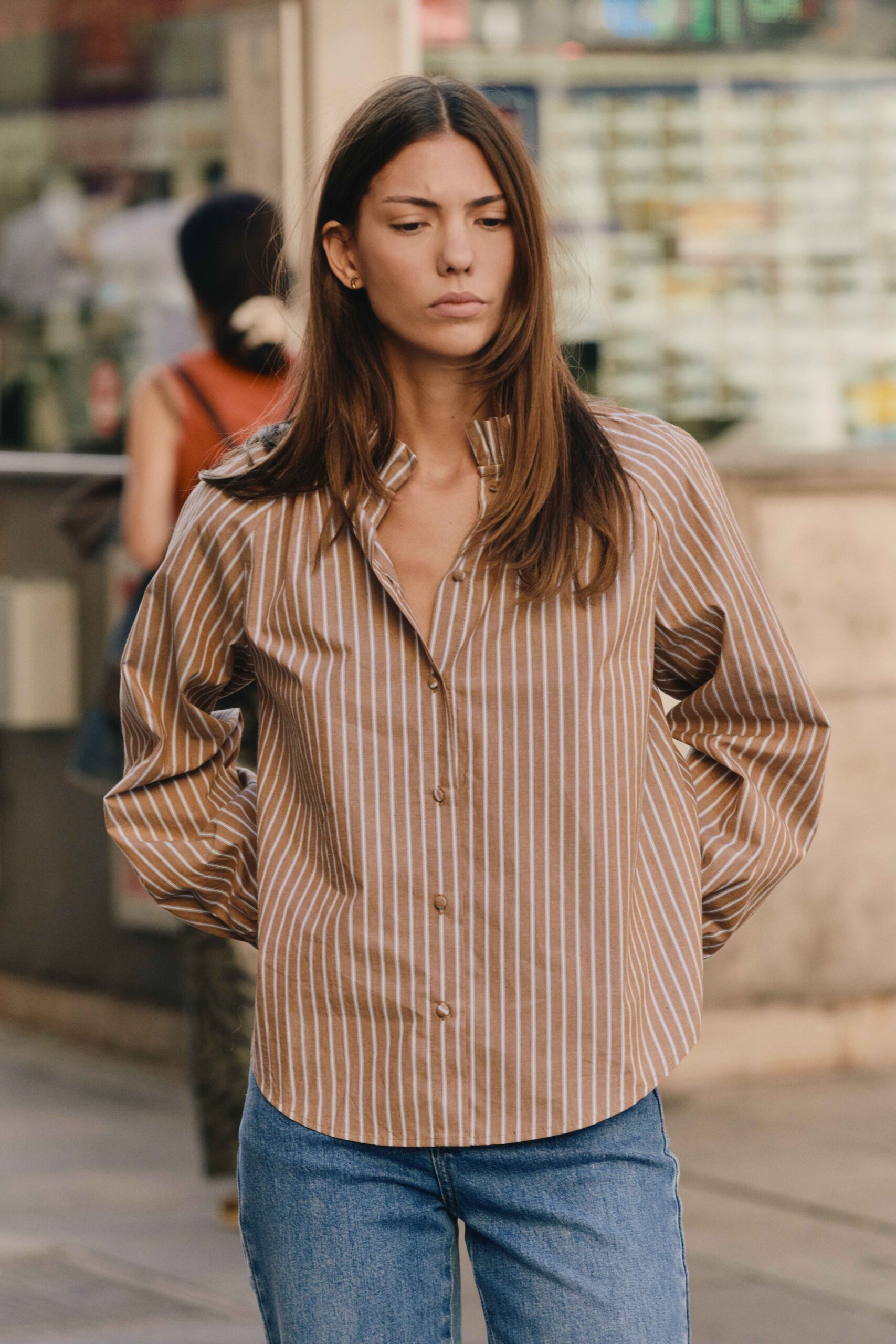 blouse-eleanor-camel-sahoma-12 Blouse à rayures camel et écrues à manches longues | Sahoma